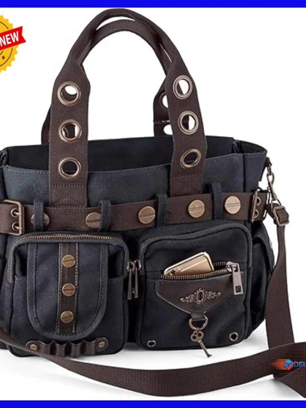 Steampunk Canvas Hobo Handbag with Adjustable Strap, Multi-Pocket Design